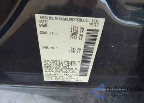 2020 Nissan Altima Sl из США, поврежденный, VIN 1N4BL4EV2LC160725